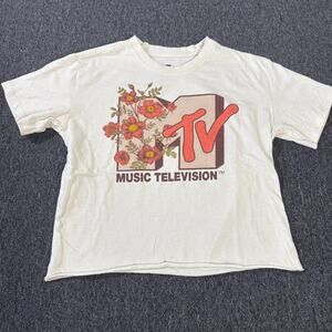 Vintage Y2k Floral Boho Mtv Music Television White Graphic Tee Women's S